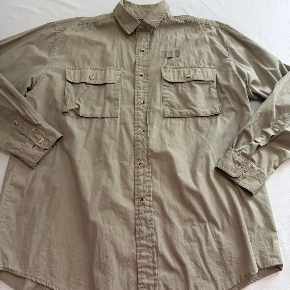 Orvis Men’s Khaki Cargo Vintage Camp Button Up Shirt Size Large